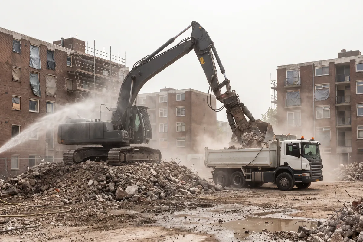 Yıkım sonrası enkaz sahasında kırıcı ataşmanlı ekskavatör molozu damperli kamyona yüklüyor, toz bastırma için su püskürtülüyor