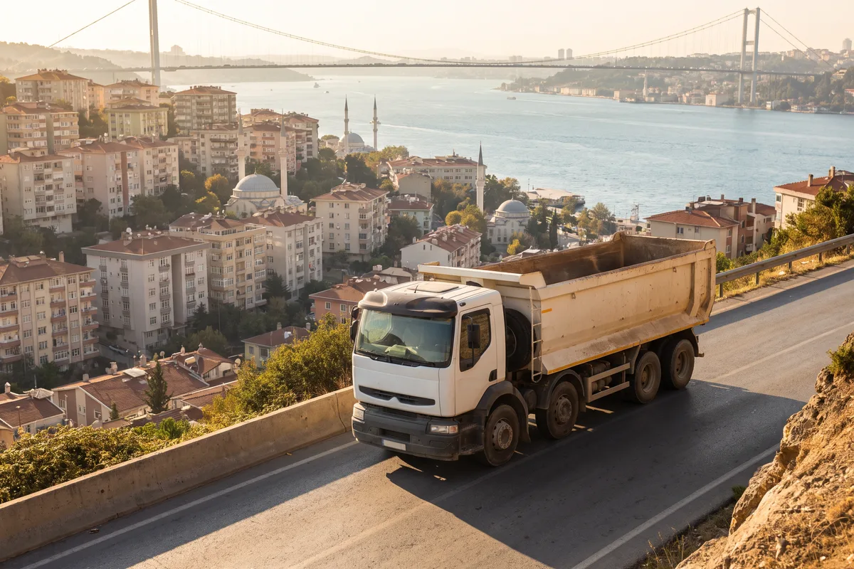 Beykoz'da hafriyat taşıma: Avrupa tipi damperli kamyon, İstanbul manzarasıyla