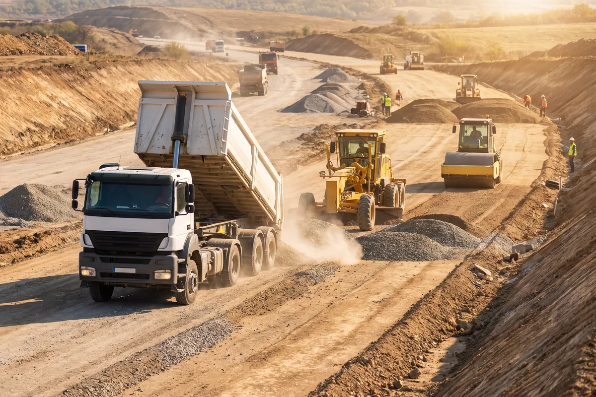 Yol dolgusunda stabilize seren damperli kamyon, greyder ve silindir