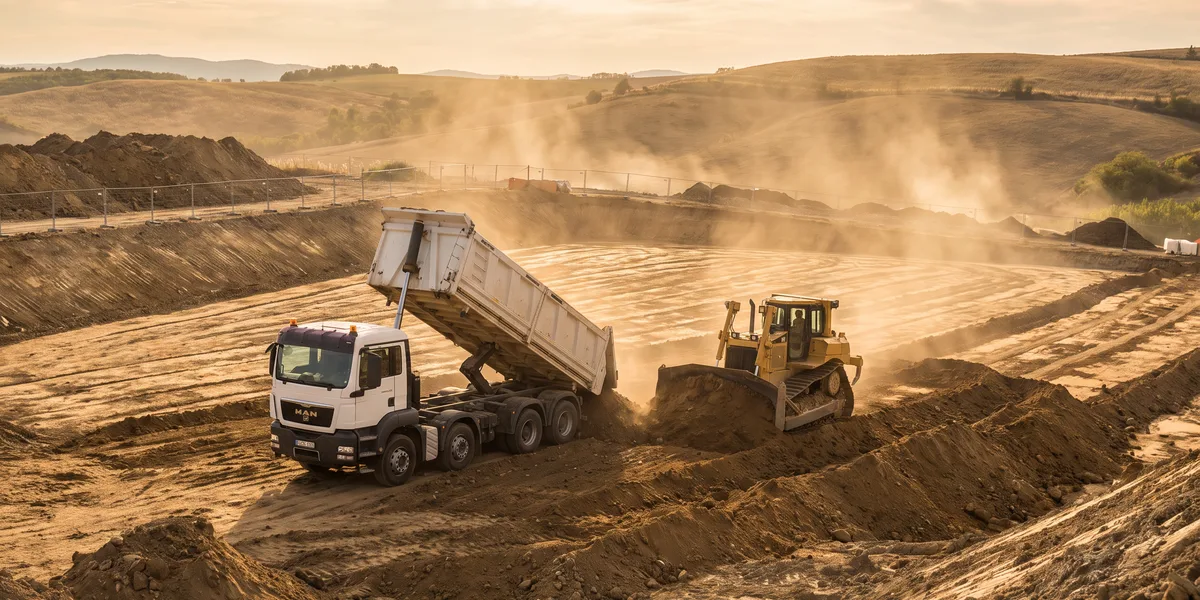 Ruhsatlı döküm sahasında yükünü boşaltan damperli kamyon ve toprağı seren dozer