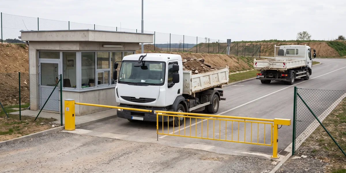 Belediye döküm tesisi girişinde bariyer önünde bekleyen yüklü damperli kamyon